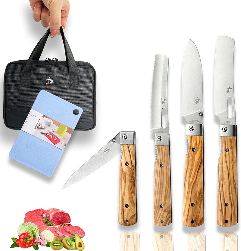 SENBON 440A stainless steel Gift wrapped 4 piece set sharp pocket folding Japanese chef knife universal peeling knife bread knife set portable kitchen knives with natural olive handle - Image 1