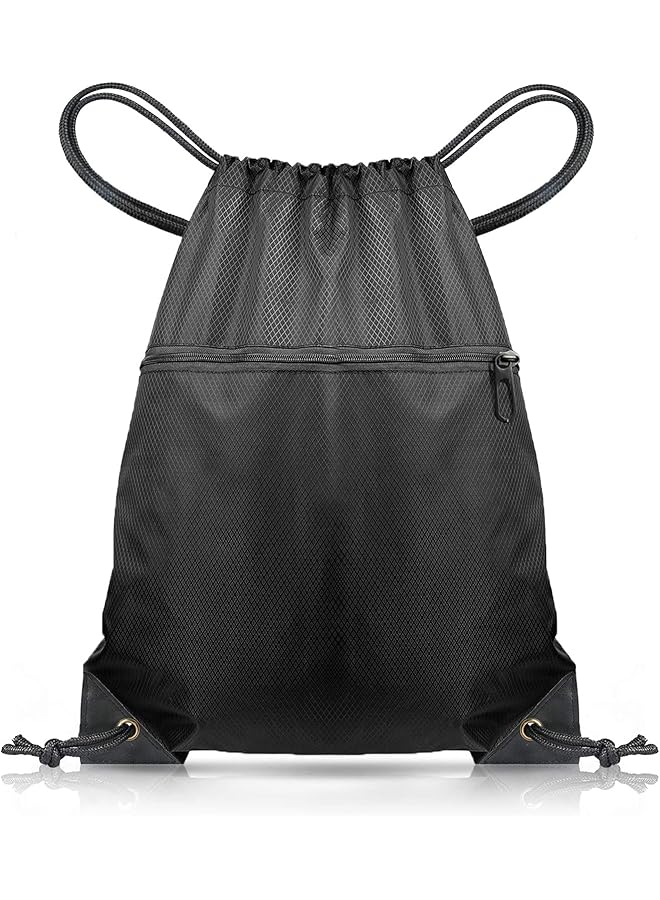 PROMASS Drawstring Gym Backpack, Sport Sack Pe Bag, Waterproof Scratch Resistant Bag For Men And Women, Large Backpack With Outside Zipper For School Beach Holidays Swimming Travel(Black) - Image 1