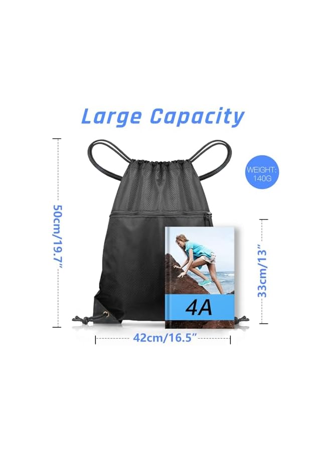 PROMASS Drawstring Gym Backpack, Sport Sack Pe Bag, Waterproof Scratch Resistant Bag For Men And Women, Large Backpack With Outside Zipper For School Beach Holidays Swimming Travel(Black) - Image 5