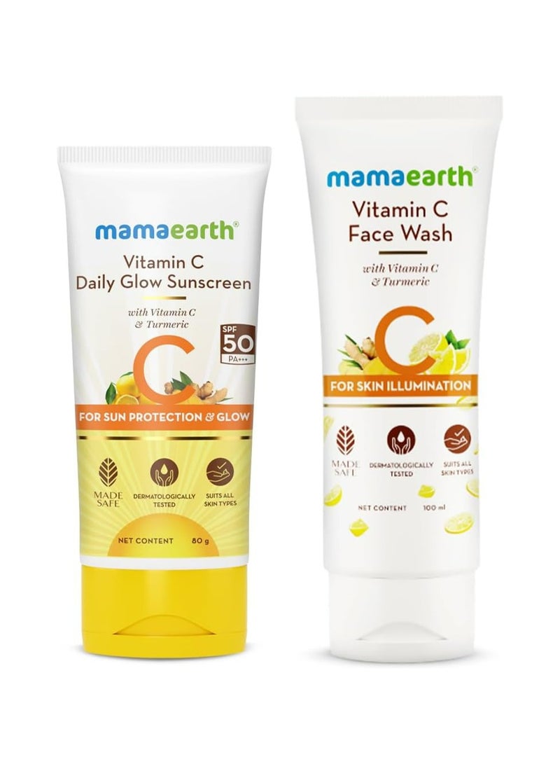Mamaearth Vitamin C Glow Getter Duo | Vitamin C Face Wash (100ml) & Vitamin C Daily Glow Sunscreen (80g) | Brightens Skin | Gives SPF 50 & PA++++ Protection | Revives Natural Glow  - Image 1