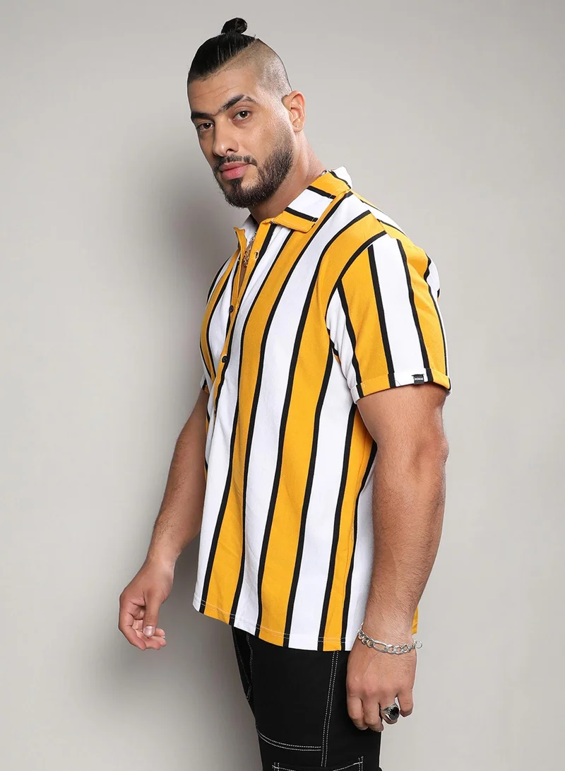 Instafab Plus Instafab Plus Men's White & Yellow Dramatic Striped Shirt For Casual Wear | Spread Collar | Short Sleeve | Button Closure | Shirt Crafted With Comfort Fit For Everyday Wear