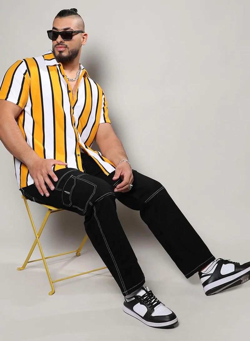 Instafab Plus Instafab Plus Men's White & Yellow Dramatic Striped Shirt For Casual Wear | Spread Collar | Short Sleeve | Button Closure | Shirt Crafted With Comfort Fit For Everyday Wear