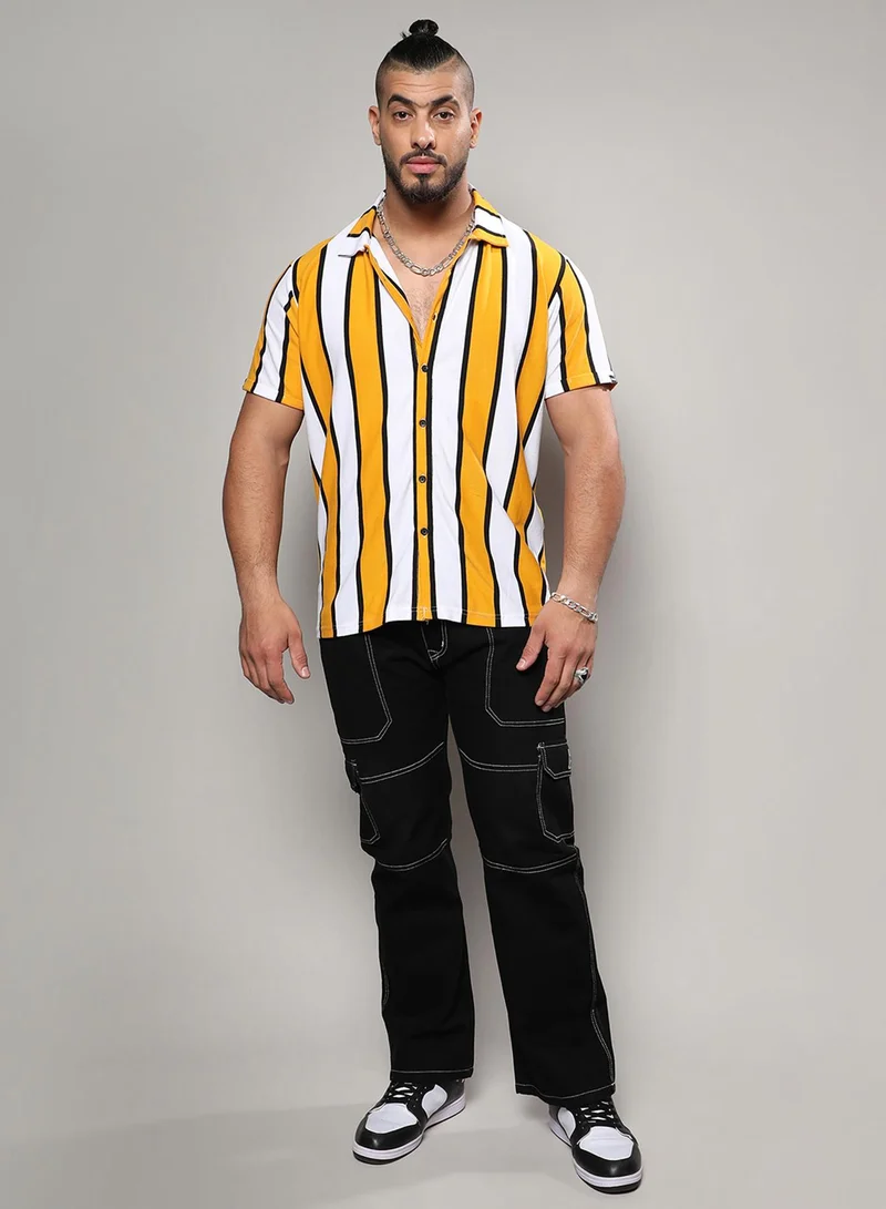 Instafab Plus Instafab Plus Men's White & Yellow Dramatic Striped Shirt For Casual Wear | Spread Collar | Short Sleeve | Button Closure | Shirt Crafted With Comfort Fit For Everyday Wear