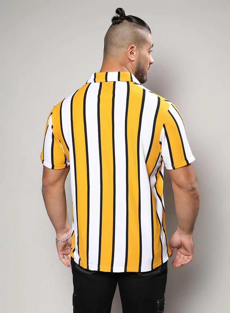 Instafab Plus Instafab Plus Men's White & Yellow Dramatic Striped Shirt For Casual Wear | Spread Collar | Short Sleeve | Button Closure | Shirt Crafted With Comfort Fit For Everyday Wear
