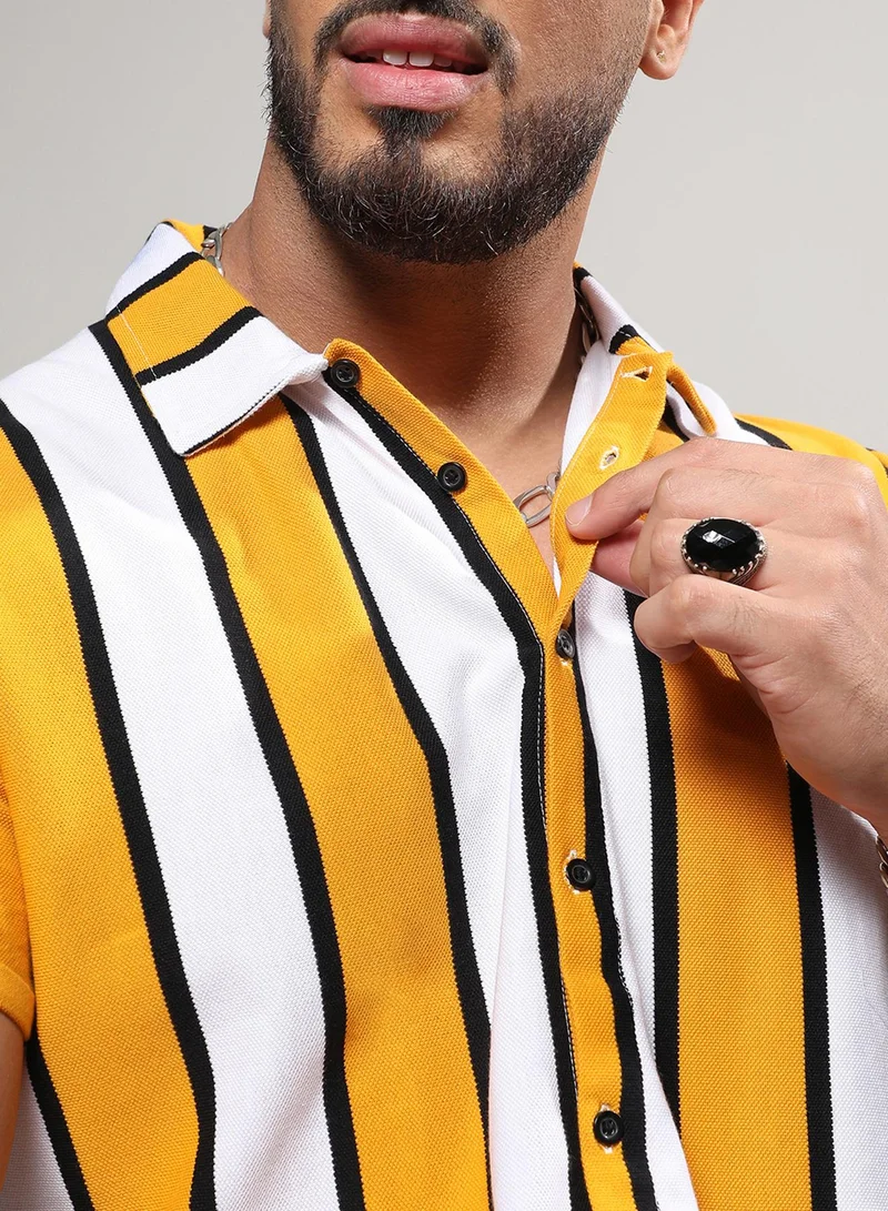 Instafab Plus Instafab Plus Men's White & Yellow Dramatic Striped Shirt For Casual Wear | Spread Collar | Short Sleeve | Button Closure | Shirt Crafted With Comfort Fit For Everyday Wear
