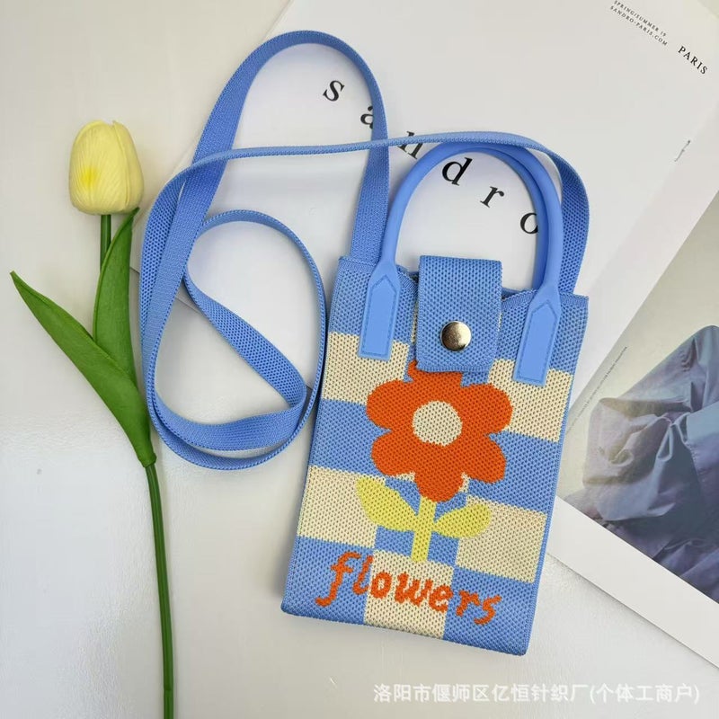 New Knitted Crossbody Mobile Phone Bag Fashionable All-Match Flower Cartoon Knitted Crossbody Bag Women'S Hand Tote Bag - Image 1