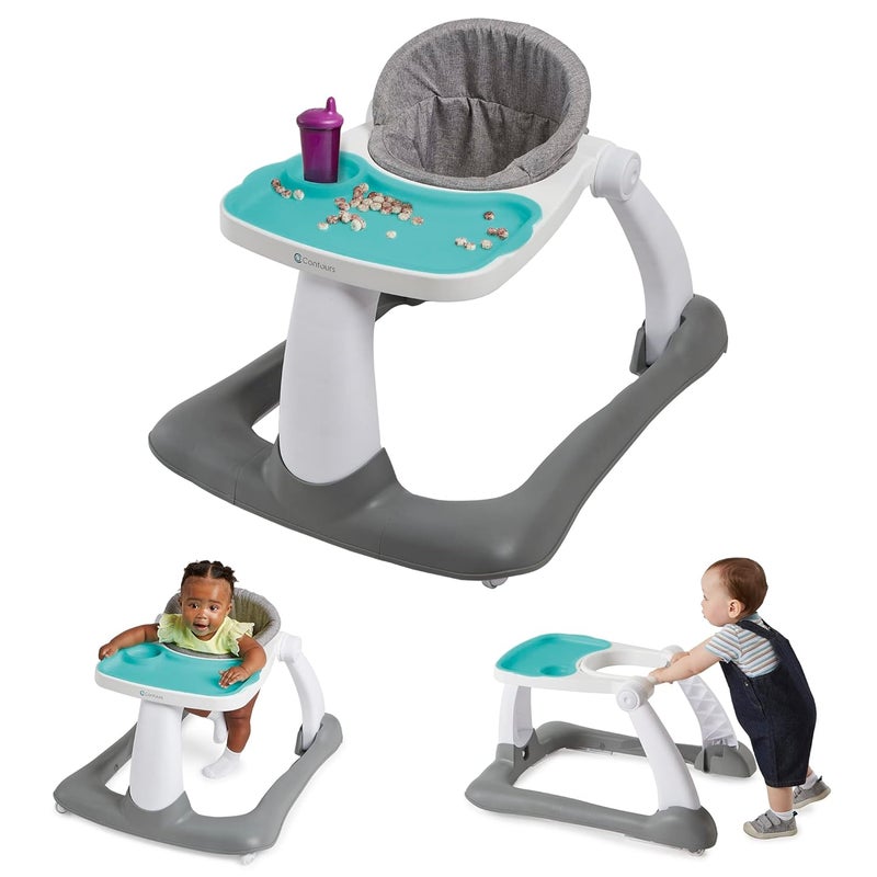 Contours Contours Graze 2in1 Foldable Infant and Baby Push Walker Seated or WalkBehind Design Removable and Washable Seat Pad and Snack Tray Height Adjustable Seat Pad Wide and Sturdy Frame  GrayTeal - Image 1