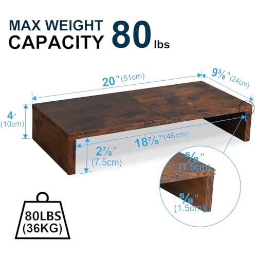 TEAMIX 20 Inch Monitor Stand Riser, Wooden Desktop Riser for TV/PC/Laptop/Printer, Rustic Brown Monitor Riser with Storage, Computer Stand Keyboard Organizer - Image 3