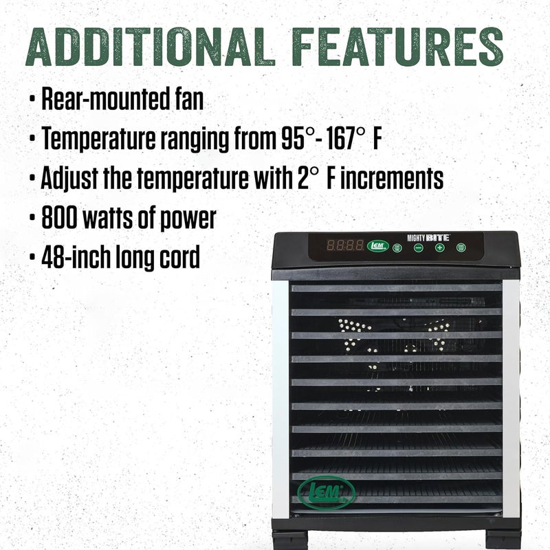 LEM Products MightyBite 10Tray Dehydrator Food Dehydrator for Beef Jerky Meat Vegetables and Fruits Includes Dryer Machine and 10 Trays Black - Image 5