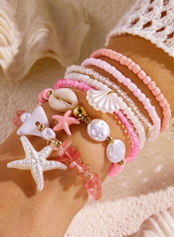 Happy D 7-Piece Bohemian Jewelry Bracelet Set for Women - Rainbow Rice Beads and Shell Combo with White Starfish Charm - Summer Beach Surf Party Accessories - Image 1