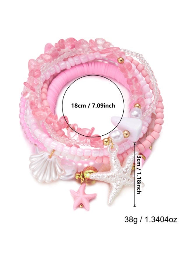 Happy D 7-Piece Bohemian Jewelry Bracelet Set for Women - Rainbow Rice Beads and Shell Combo with White Starfish Charm - Summer Beach Surf Party Accessories - Image 2