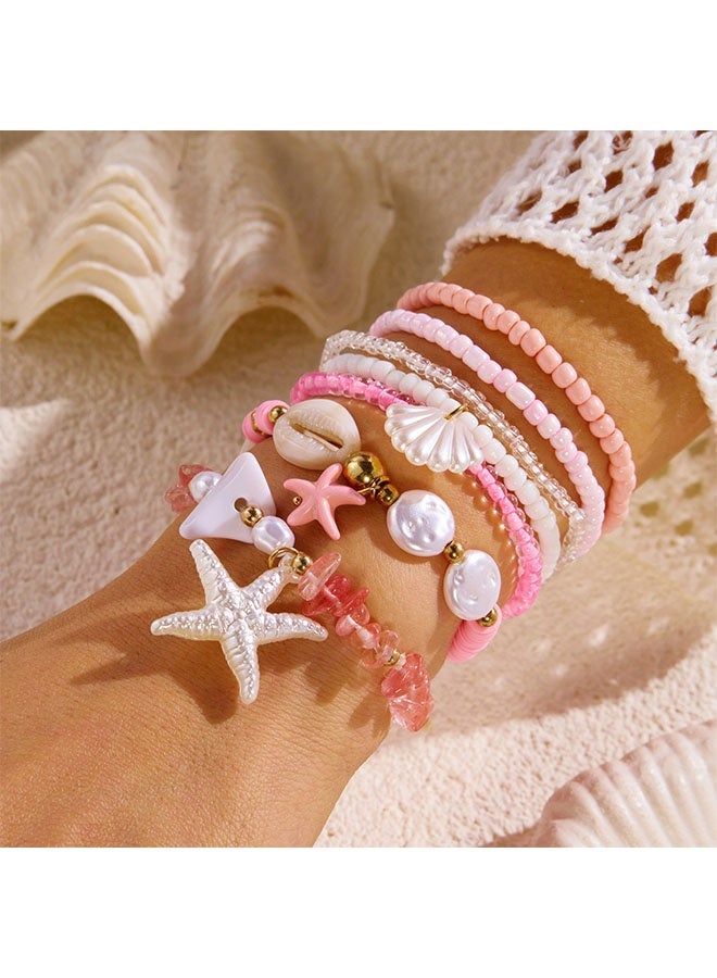 Happy D 7-Piece Bohemian Jewelry Bracelet Set for Women - Rainbow Rice Beads and Shell Combo with White Starfish Charm - Summer Beach Surf Party Accessories - Image 5