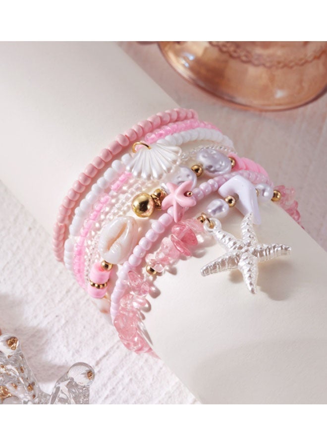 Happy D 7-Piece Bohemian Jewelry Bracelet Set for Women - Rainbow Rice Beads and Shell Combo with White Starfish Charm - Summer Beach Surf Party Accessories - Image 3