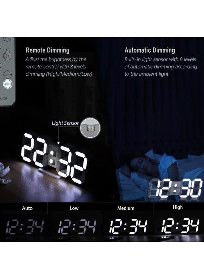 Y&D 3D LED Digital Wall Clock/Desk Alarm Clock with Remote Control for Kitchen Bedroom Office, 9.7" LED Night Light Decor Clock Adjust Brightness 12H/24H Time Date Temperature, Great Gift(White Word) - Image 5