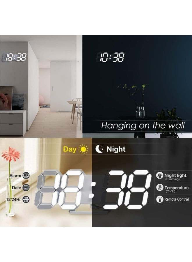 Y&D 3D LED Digital Wall Clock/Desk Alarm Clock with Remote Control for Kitchen Bedroom Office, 9.7" LED Night Light Decor Clock Adjust Brightness 12H/24H Time Date Temperature, Great Gift(White Word) - Image 3
