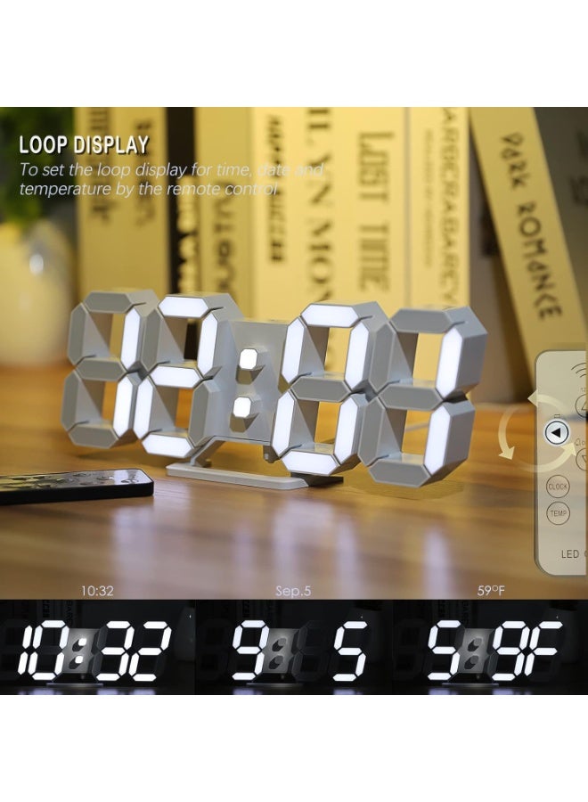 Y&D 3D LED Digital Wall Clock/Desk Alarm Clock with Remote Control for Kitchen Bedroom Office, 9.7" LED Night Light Decor Clock Adjust Brightness 12H/24H Time Date Temperature, Great Gift(White Word) - Image 4