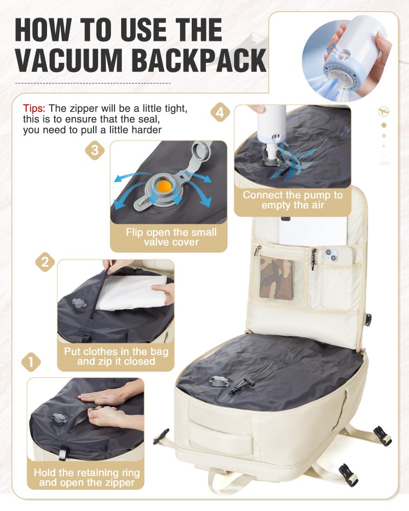 WEPOET Travel Backpack with Vacuum System Women, Waterproof Vacuum Backpack with Pump, Compression Bags Travel Backpack Carry on Flight Approved, Mochila de Viaje Compresion al Vacio Men(beige) - Image 3
