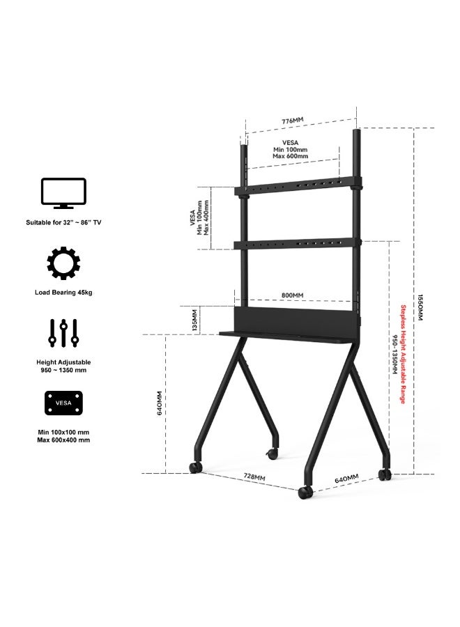 BEETEC Mobile TV Stand for 32–86 Inch Flat Screen TVs, Rolling Cart with Lockable Wheels, Height Adjustable, VESA 600x400mm, Max Load 45kg, Shelf Capacity 10 kg, Cable Management, Black | TF-RG8B - Image 2