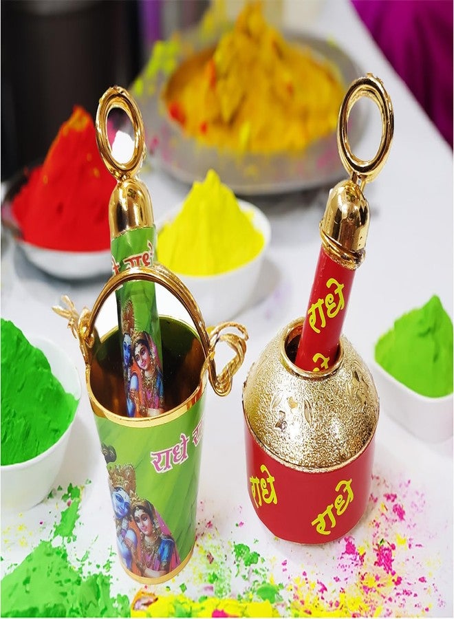 Bitona Laddu Bal Gopal Small Bucket And Matki Pichkari For Holi Festival Plastic Toy Combo, Beautiful Hand Work (2 Pc) Random Colors - Multicolor - Image 1