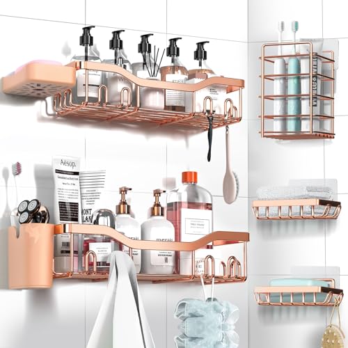 NESOMI Shower Caddy Adhesive Shower Organizer 7-Pack, Rustproof Stainless Steel Bathroom Shelves, Large Capacity No-Drill Rack Storage Accessories with Soap Dish Toothbrush Holder Hooks - Image 1