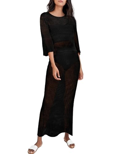 LANNEW Womens Crochet Swimsuit Cover Up Half Sleeve Bathing Suit Swimwear Coverups Long Beach Dresses Black - Image 5