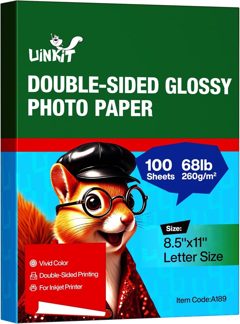 Uinkit Thick Photo Paper Glossy Double Sided 100 Sheets 8.5x11 Heavyweight 68lb 260gsm Inkjet Both Sides Printable 11.8mil A4 Letter size Flyer Bulk Pack 8.5 x 11 Card paper postcard postal A189 (100) - Image 1