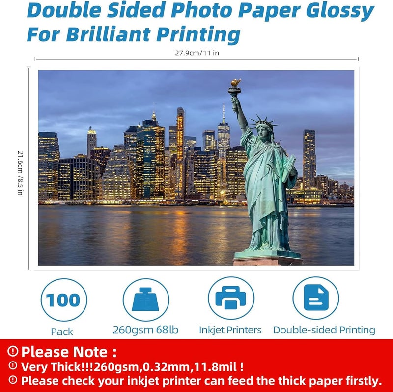 Uinkit Thick Photo Paper Glossy Double Sided 100 Sheets 8.5x11 Heavyweight 68lb 260gsm Inkjet Both Sides Printable 11.8mil A4 Letter size Flyer Bulk Pack 8.5 x 11 Card paper postcard postal A189 (100) - Image 4