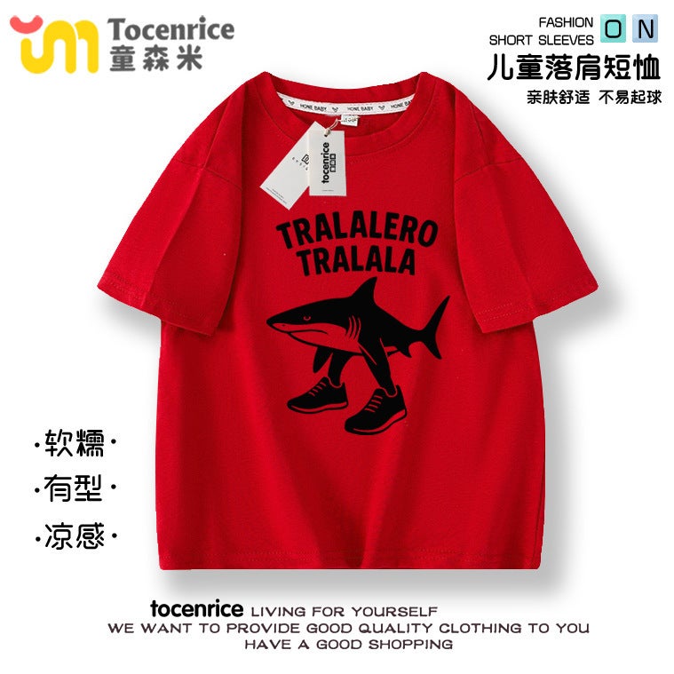 Foreign Mountain and Sea Classics T-Shirt Children's Clothing Tongtong Tong Tong Wooden Stick Man Short-Sleeve Shark Abstract Quirky Tungtung T-Shirt - Image 1