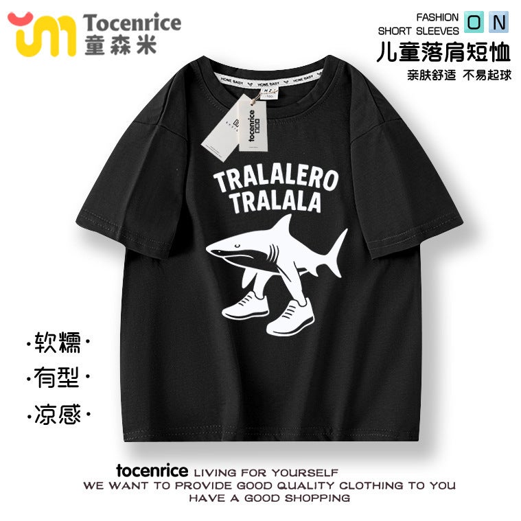Foreign Mountain and Sea Classics T-Shirt Children's Clothing Tongtong Tong Tong Wooden Stick Man Short-Sleeve Shark Abstract Quirky Tungtung T-Shirt - Image 4