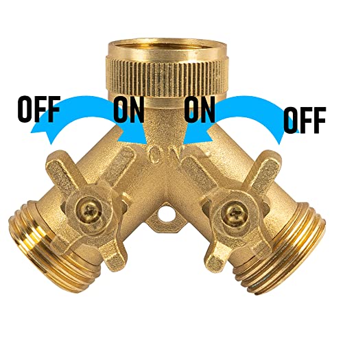 Hourleey Brass Garden Hose Splitter (2 Way), Solid Brass Hose Y Splitter 2 Valves with 2 Extra Rubber Washers (Brass) - Image 2