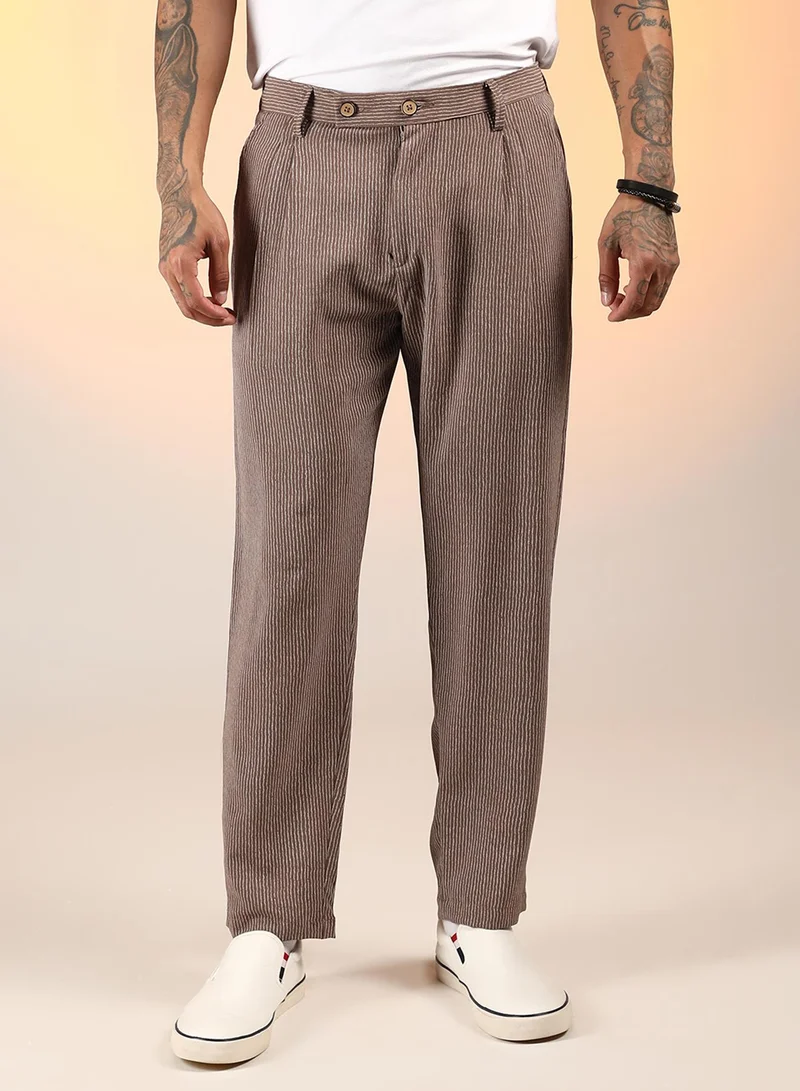 Campus Sutra Men's Mocha Brown Striped Tailored Trousers For Casual Wear | Mid-Rise | Regular Fit | Button Closure | Trousers Crafted With Comfort Fit For Everyday Wear