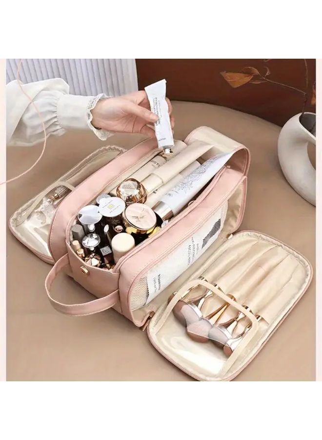 Large Pink Makeup Organizer Bag Multi Layer Cosmetic Travel Case - Image 1