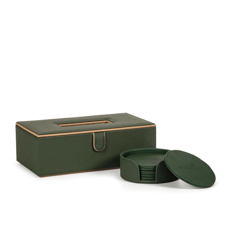 CASA BOTANICAL 2.CASA BOTANICAL Leather Car Tissue Box & Tea Coasters Combo - Set of 2 (Green) | Napkin Holder & Tissue Dispenser for Cars, Office, Dining Room, Home Decor - Image 1