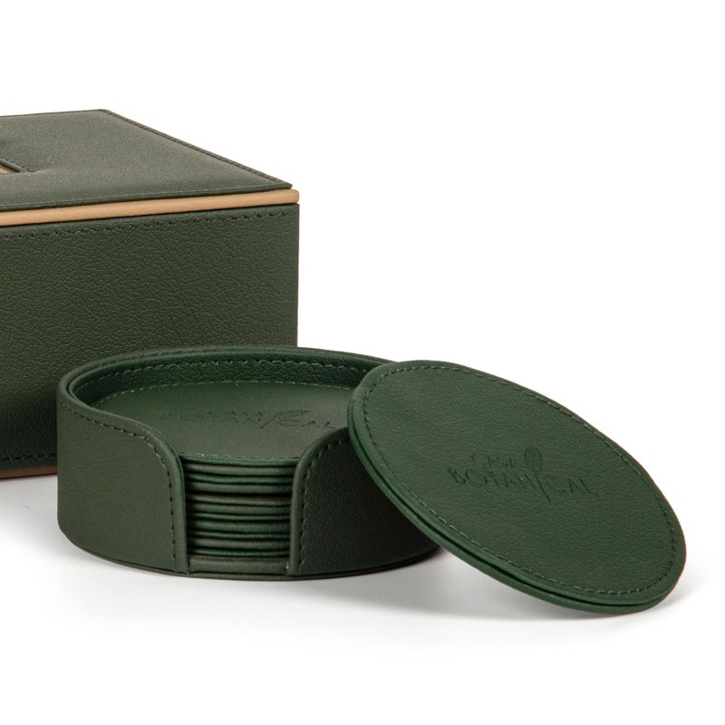 CASA BOTANICAL 2.CASA BOTANICAL Leather Car Tissue Box & Tea Coasters Combo - Set of 2 (Green) | Napkin Holder & Tissue Dispenser for Cars, Office, Dining Room, Home Decor - Image 2