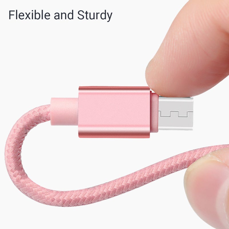 كبل شحن سريع منسوج من النايلون بلون وردي ذهبي بطول 2 متر - موصلات 3 في 1 من الأنواع C و Lightning و Micro USB، شحن سريع مستقر بسرعة 2 أمبير، سلك متين من سبائك الألومنيوم لا يتشابك لشحن أجهزة متعددة - Image 3