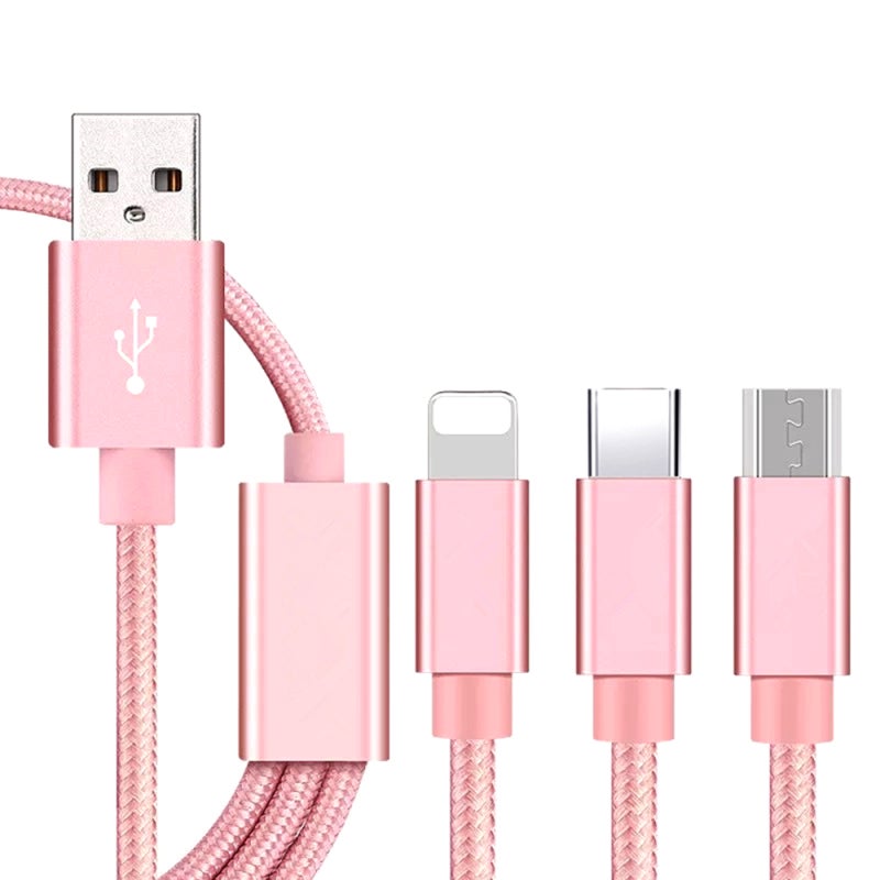 كبل شحن سريع منسوج من النايلون بلون وردي ذهبي بطول 2 متر - موصلات 3 في 1 من الأنواع C و Lightning و Micro USB، شحن سريع مستقر بسرعة 2 أمبير، سلك متين من سبائك الألومنيوم لا يتشابك لشحن أجهزة متعددة - Image 1