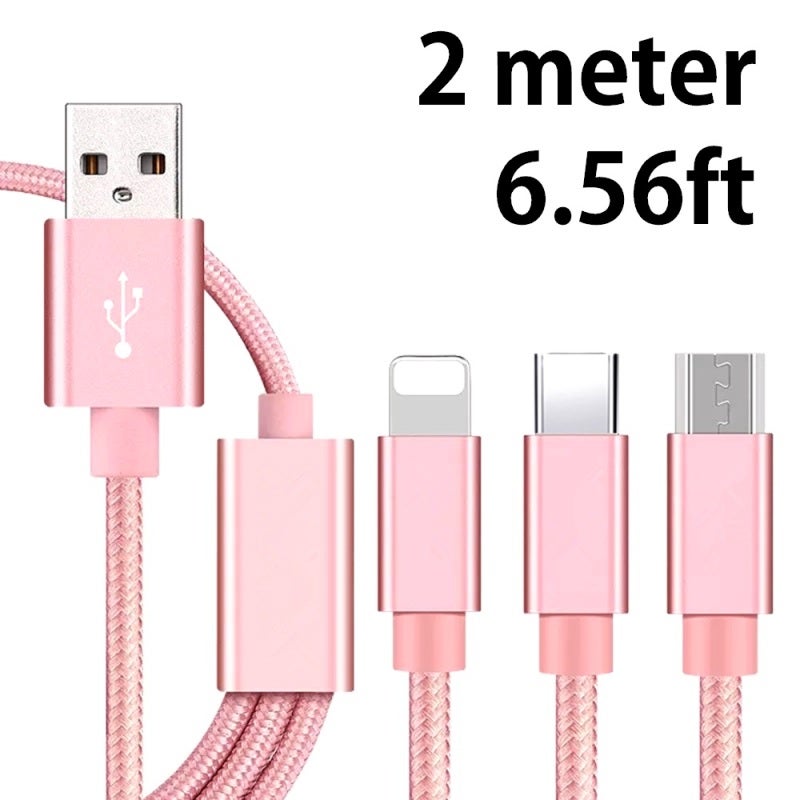 كبل شحن سريع منسوج من النايلون بلون وردي ذهبي بطول 2 متر - موصلات 3 في 1 من الأنواع C و Lightning و Micro USB، شحن سريع مستقر بسرعة 2 أمبير، سلك متين من سبائك الألومنيوم لا يتشابك لشحن أجهزة متعددة - Image 2