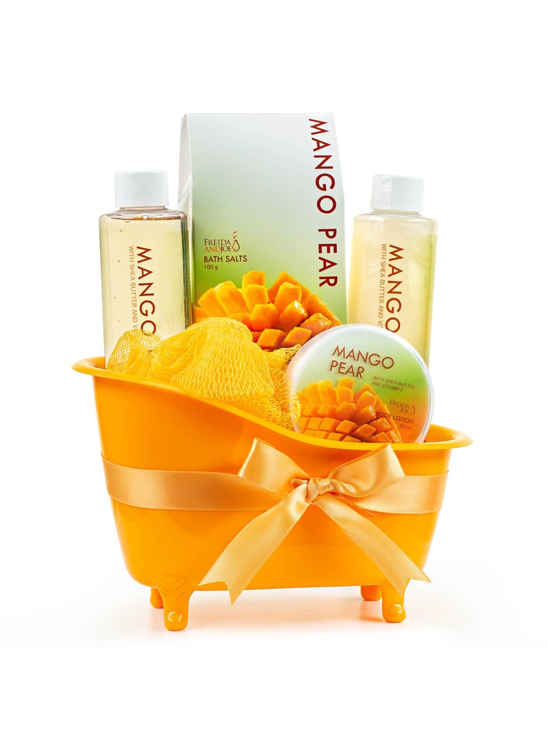 Freida and Joe - Freida and Joe Tropical Mango Pear Fragrance Spa Set for Women - Bath & Body Set in Stylish Orange Tub - Gift Ready with Shower Gel, Body Lotion, Bubble Bath, Bath Salts, and Bath Puff - Image 1