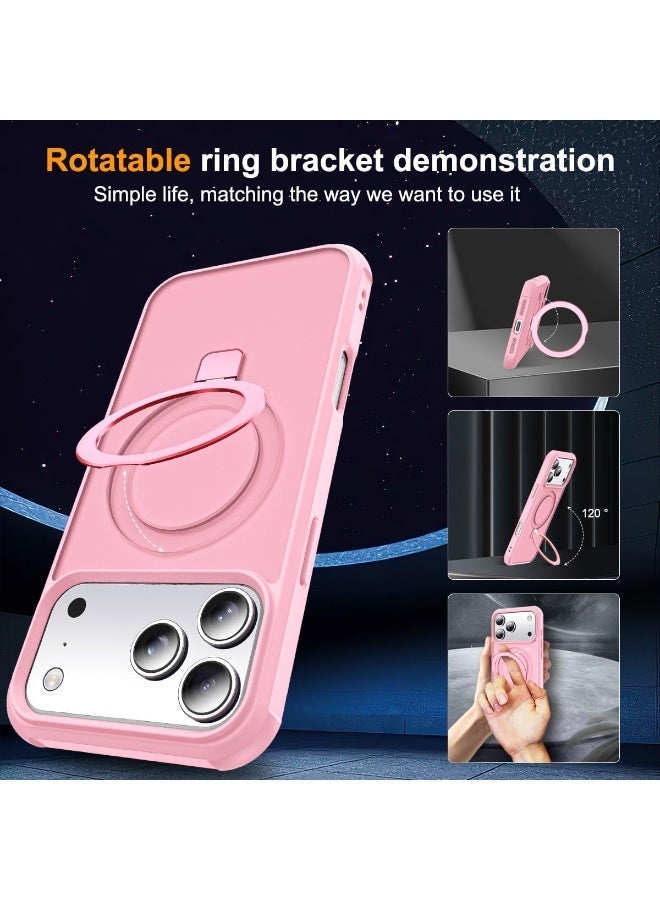 جراب هاتف شفاف عسكري متوافق مع iPhone 17 Pro مع حامل مغناطيسي غير مرئي على شكل حلقة لهاتف iPhone 17 Pro مقاس 6.3 بوصة [متوافق مع Mag-Safe] [شعور قبضة رائع]، وردي - Image 4
