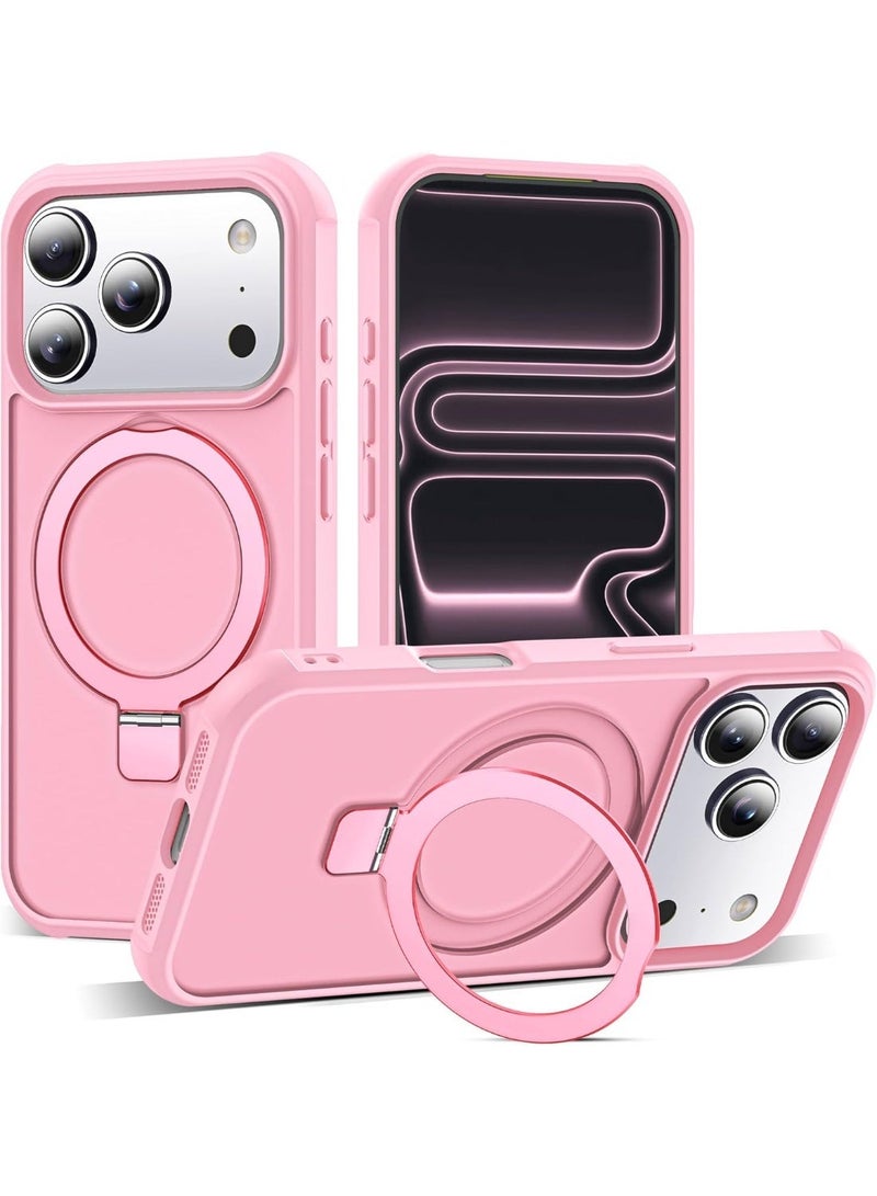 جراب هاتف شفاف عسكري متوافق مع iPhone 17 Pro مع حامل مغناطيسي غير مرئي على شكل حلقة لهاتف iPhone 17 Pro مقاس 6.3 بوصة [متوافق مع Mag-Safe] [شعور قبضة رائع]، وردي - Image 1