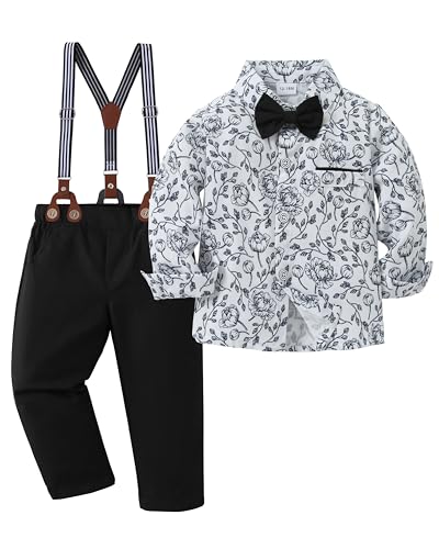 ZOEREA Toddler Baby Boy Suit Clothes Gentleman Wedding Outfits Long Sleeve Dress Shirt Suspender Pants Bowtie Black 45T - Image 1