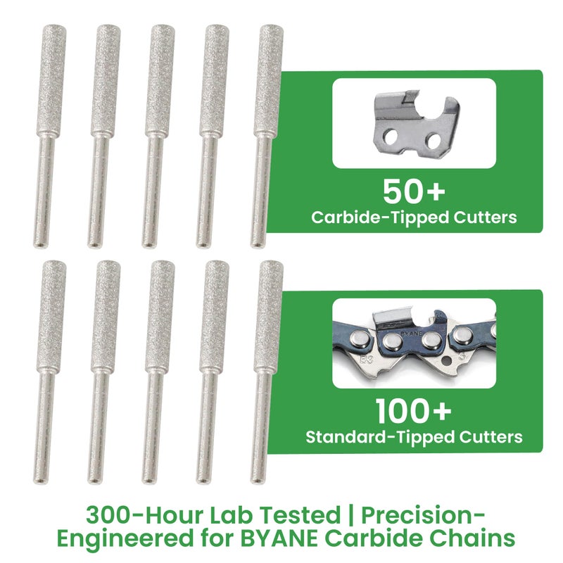 Byane Diamond Chainsaw Sharpening Bits - 3/16'' (4.8mm) Carbide Chain Grinding Stones 10PCS, Optimized for Carbide & Standard Chains, Electric Grinder Replacement - Image 4