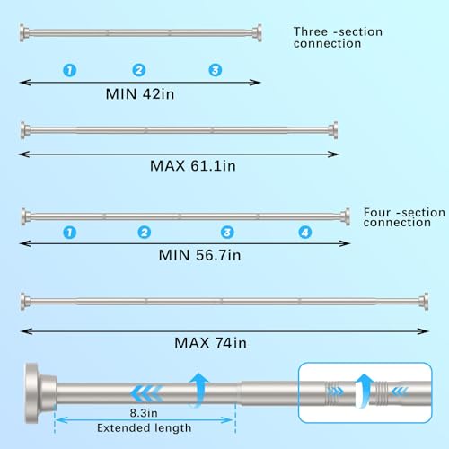 AIZESI Brushed Nickel Shower Curtain Rod Adjustable 4274 Inch Tension Shower Curtain Rod 1 Diameter Shower Rod No Drilling AntiSlip Premium Stainless Steel AntiRust - Image 3