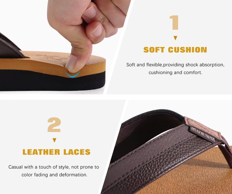 KuaiLu Mens Leather Flip Flops Arch Support Summer Beach Pool Water Thong Sandals Waterproof Outfits Travel Essentials Walking Shoes Slip on Orthotic Casual Sport Cushion Slides Slippers Khaki Size 10 - Image 5