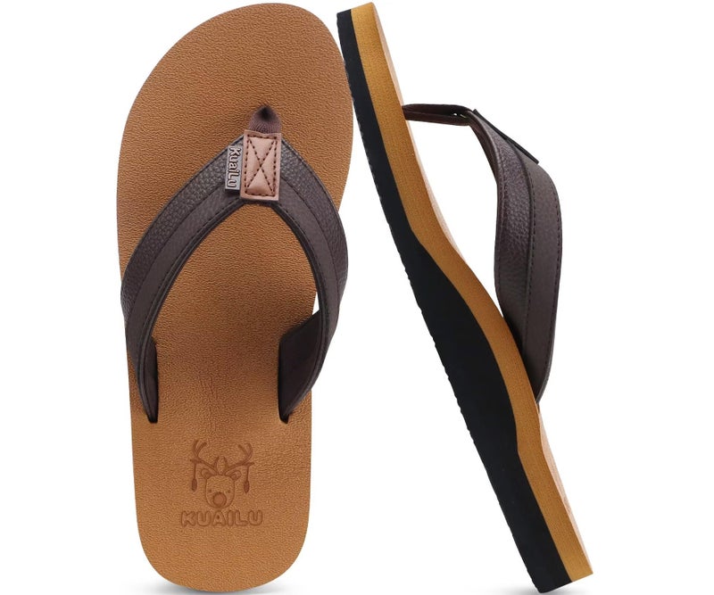 KuaiLu Mens Leather Flip Flops Arch Support Summer Beach Pool Water Thong Sandals Waterproof Outfits Travel Essentials Walking Shoes Slip on Orthotic Casual Sport Cushion Slides Slippers Khaki Size 10 - Image 1