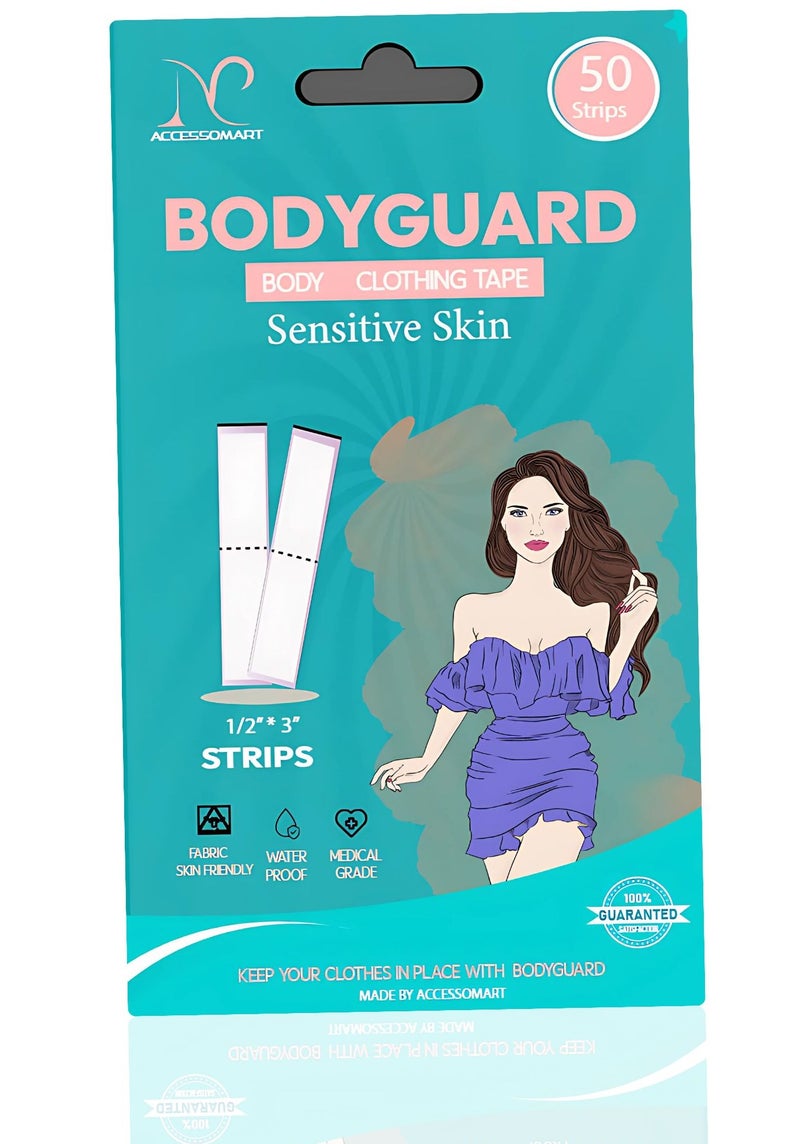 Accessomart Bodyguard Sensitive Skin Double-Sided Tape - Medical-Grade Adhesive for Fashion, Clothing, and Body | Hypoallergenic, Skin-Friendly | Transparent for All Skin Types (50 Strips) - Image 1