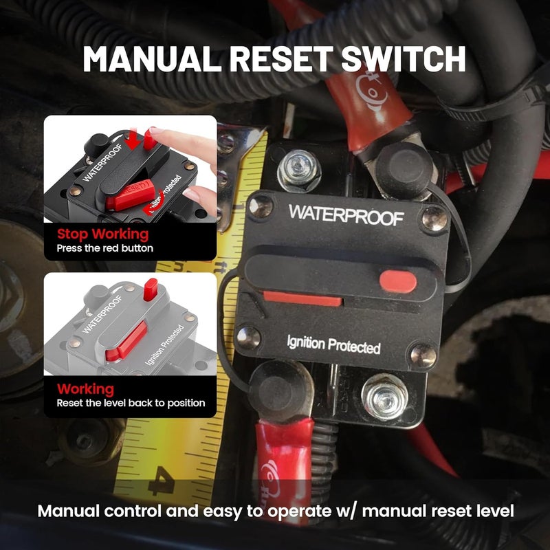 RED WOLF 80Amp Circuit Breaker for Boat Trolling Motor Marine ATV Vehicles Stereo Audio Electronic Battery System Inline Fuse Manual Reset Switch Waterproof 80A Fuse DC 12V-48V - Image 2