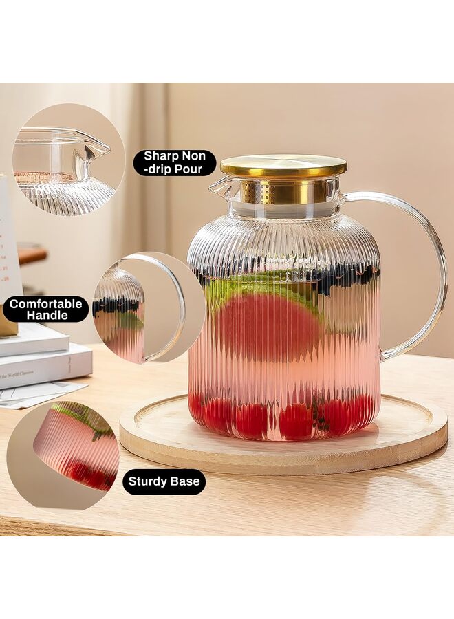 يُسلِّم عبوة من 2 إبريق زجاجي مع غطاء، إبريق ماء كلاسيكي بخطوط عمودية سعة 60 أونصة، إبريق ماء زجاجي للمشروبات الباردة والقهوة والليمون والشاي المثلج والمشروبات والحليب، مقاوم للحرارة - Image 2