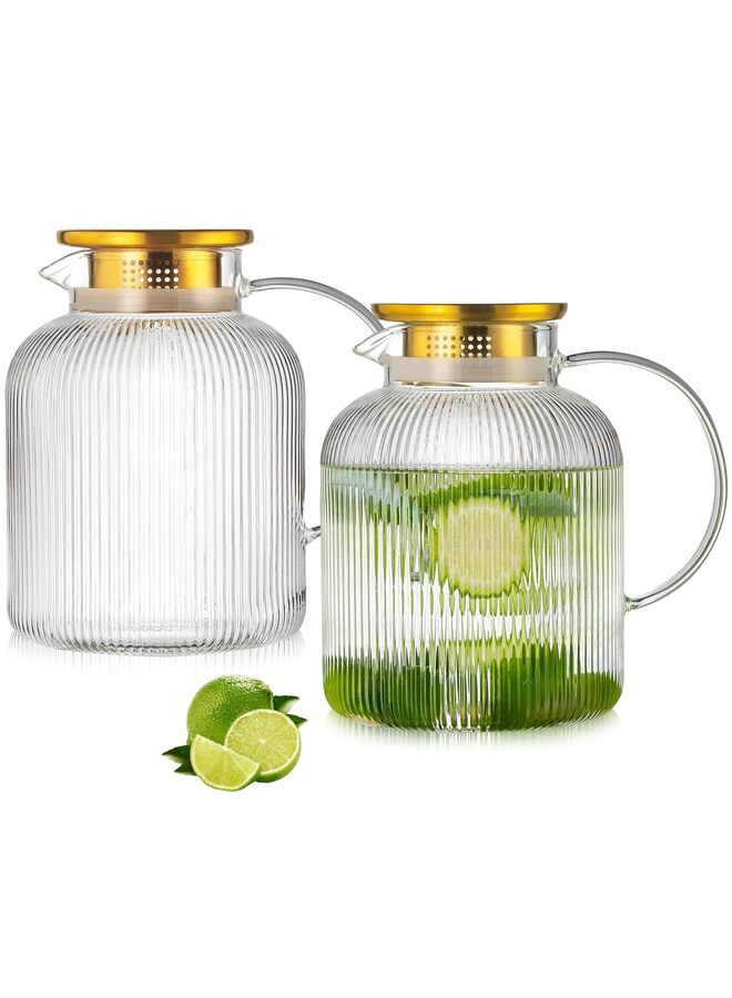 يُسلِّم عبوة من 2 إبريق زجاجي مع غطاء، إبريق ماء كلاسيكي بخطوط عمودية سعة 60 أونصة، إبريق ماء زجاجي للمشروبات الباردة والقهوة والليمون والشاي المثلج والمشروبات والحليب، مقاوم للحرارة - Image 1