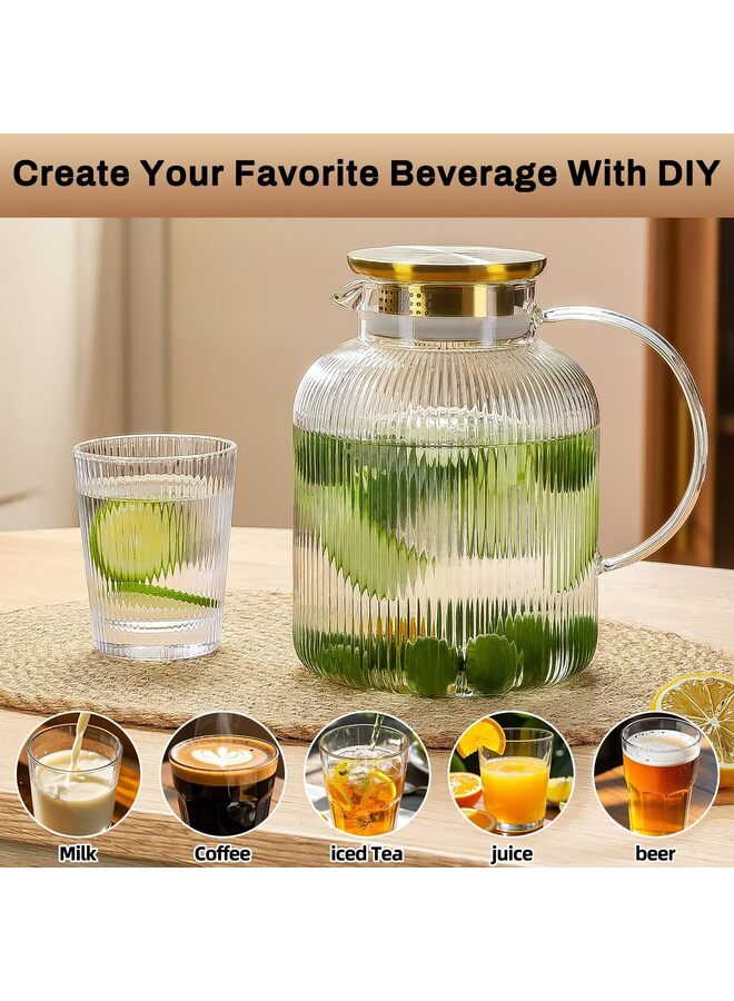 يُسلِّم عبوة من 2 إبريق زجاجي مع غطاء، إبريق ماء كلاسيكي بخطوط عمودية سعة 60 أونصة، إبريق ماء زجاجي للمشروبات الباردة والقهوة والليمون والشاي المثلج والمشروبات والحليب، مقاوم للحرارة - Image 4